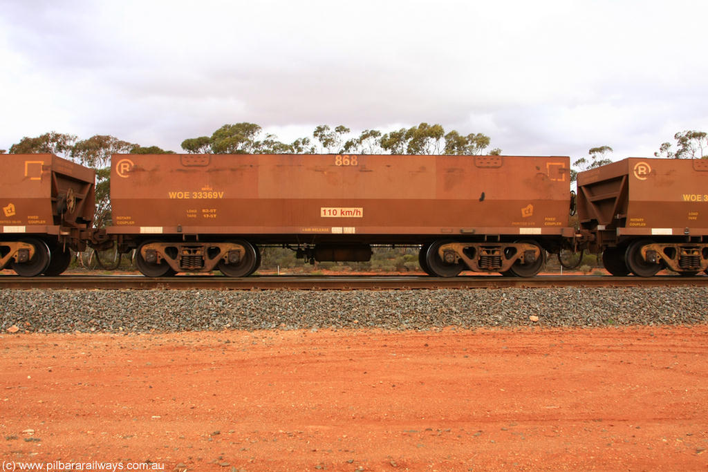 100822 5999
WOE type iron ore waggon WOE 33369 is one of a batch of one hundred and forty one built by United Goninan WA between November 2005 and April 2006 with serial number 950142-074 and fleet number 868 for Koolyanobbing iron ore operations, Binduli Triangle 22nd August 2010.
Keywords: WOE-type;WOE33369;United-Goninan-WA;950142-074;