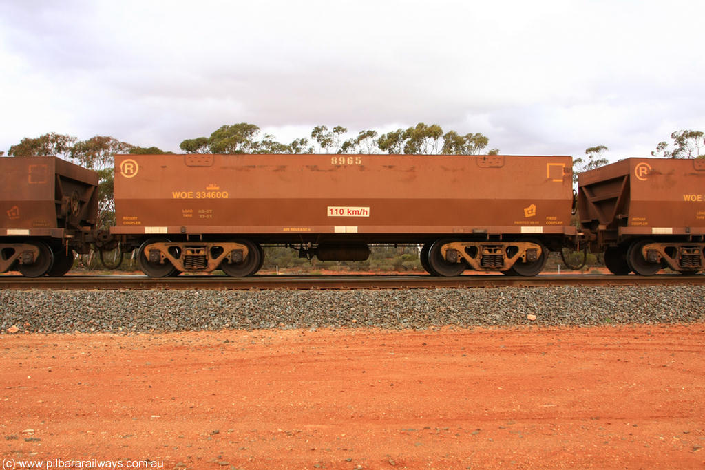 100822 6000
WOE type iron ore waggon WOE 33460 is one of a batch of one hundred and twenty eight built by United Group Rail WA between August 2008 and March 2009 with serial number 950211-002 and fleet number 8965 for Koolyanobbing iron ore operations, Binduli Triangle 22nd August 2010.
Keywords: WOE-type;WOE33460;United-Group-Rail-WA;950211-002;