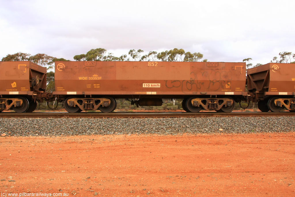 100822 6003
WOE type iron ore waggon WOE 33353 is one of a batch of one hundred and forty one built by United Goninan WA between November 2005 and April 2006 with serial number 950142-058 and fleet number 852 for Koolyanobbing iron ore operations, Binduli Triangle 22nd August 2010.
Keywords: WOE-type;WOE33353;United-Goninan-WA;950142-058;