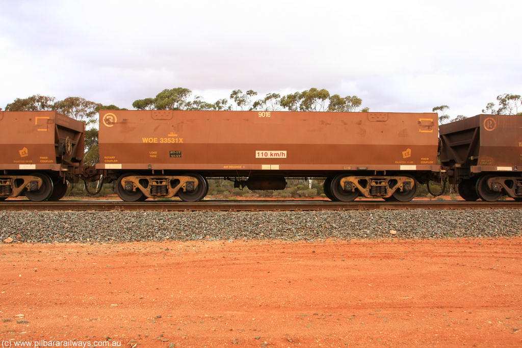100822 6007
WOE type iron ore waggon WOE 33531 is one of a batch of one hundred and twenty eight built by United Group Rail WA between August 2008 and March 2009 with serial number 950211-071 and fleet number 9016 for Koolyanobbing iron ore operations, Binduli Triangle 22nd August 2010.
Keywords: WOE-type;WOE33531;United-Group-Rail-WA;950211-071;