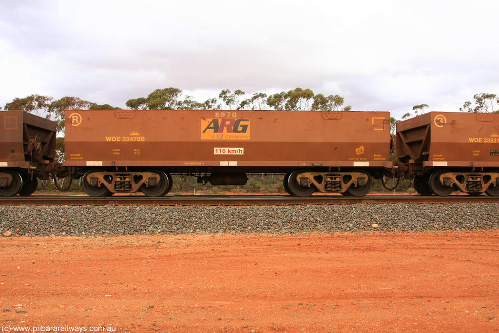 100822 6008
WOE type iron ore waggon WOE 33470 is one of a batch of one hundred and twenty eight built by United Group Rail WA between August 2008 and March 2009 with serial number 950211-012 and fleet number 8970 for Koolyanobbing iron ore operations, the 8 being a addition due to fleet size, build date of 06/2006 with a revised load of 82.5 tonnes, with PORTMAN painted out and an ARG decal applied to the side, Binduli Triangle 22nd August 2010.
Keywords: WOE-type;WOE33470;United-Group-Rail-WA;950211-012;