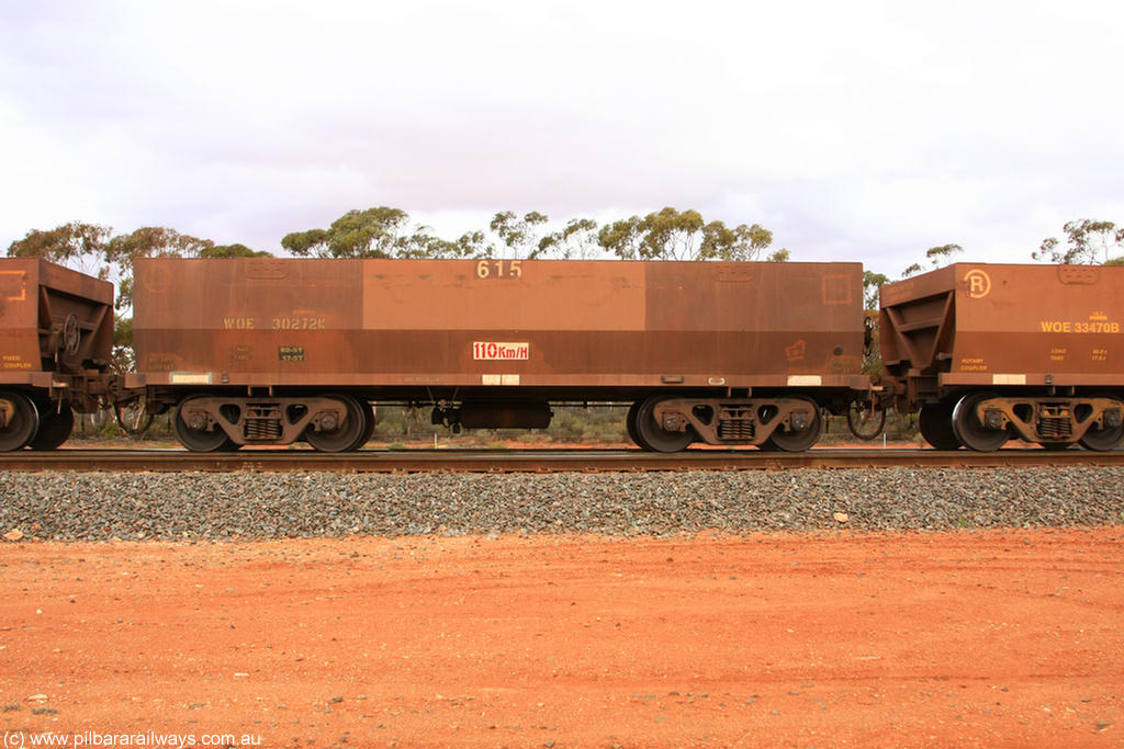 100822 6009
WOE type iron ore waggon WOE 30272 is one of a batch of one hundred and thirty built by Goninan WA between March and August 2001 with serial number 950092-022 and fleet number 615 for Koolyanobbing iron ore operations of 83 tonne load capacity, Binduli Triangle 22nd August 2010.
Keywords: WOE-type;WOE30272;Goninan-WA;950092-022;