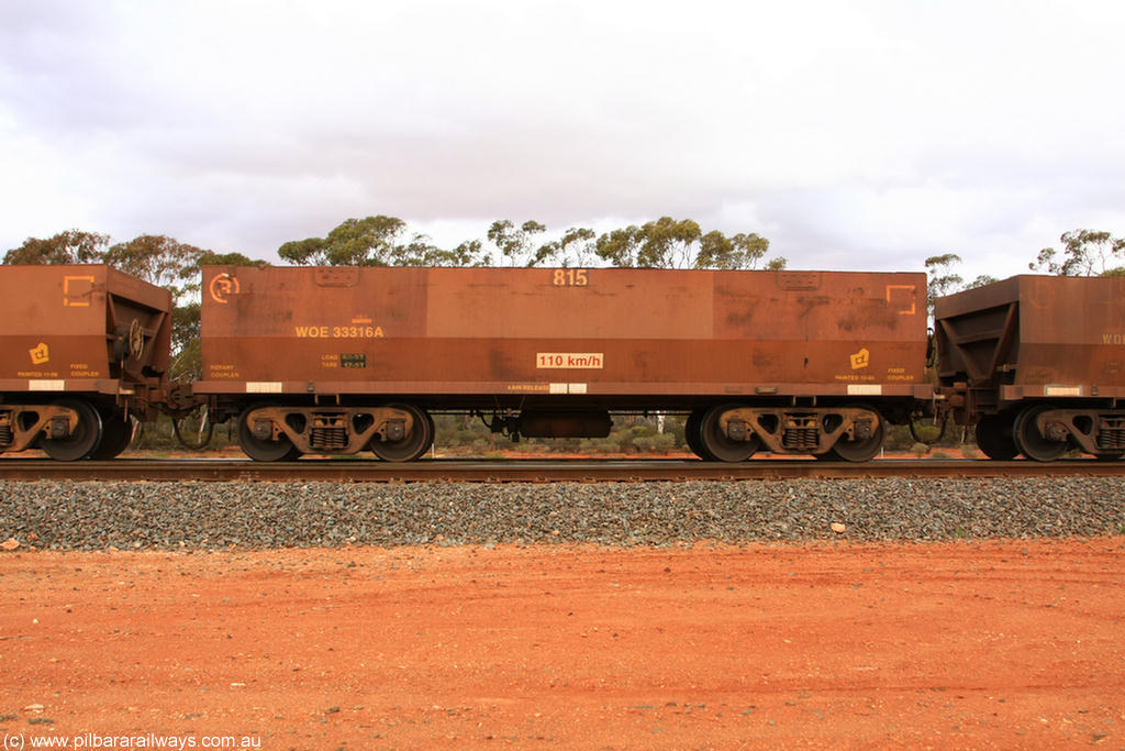 100822 6010
WOE type iron ore waggon WOE 33316 is one of a batch of one hundred and forty one built by United Goninan WA between November 2005 and April 2006 with serial number 950142-021 and fleet number 815 for Koolyanobbing iron ore operations, Binduli Triangle 22nd August 2010.
Keywords: WOE-type;WOE33316;United-Goninan-WA;950142-021;