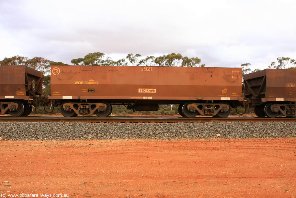 100822 6013
WOE type iron ore waggon WOE 33422 is one of a batch of one hundred and forty one built by United Group Rail WA between November 2005 and April 2006 with serial number 950142-127 and fleet number 8921 for Koolyanobbing iron ore operations, Binduli Triangle 22nd August 2010.
Keywords: WOE-type;WOE33422;United-Group-Rail-WA;950142-127;