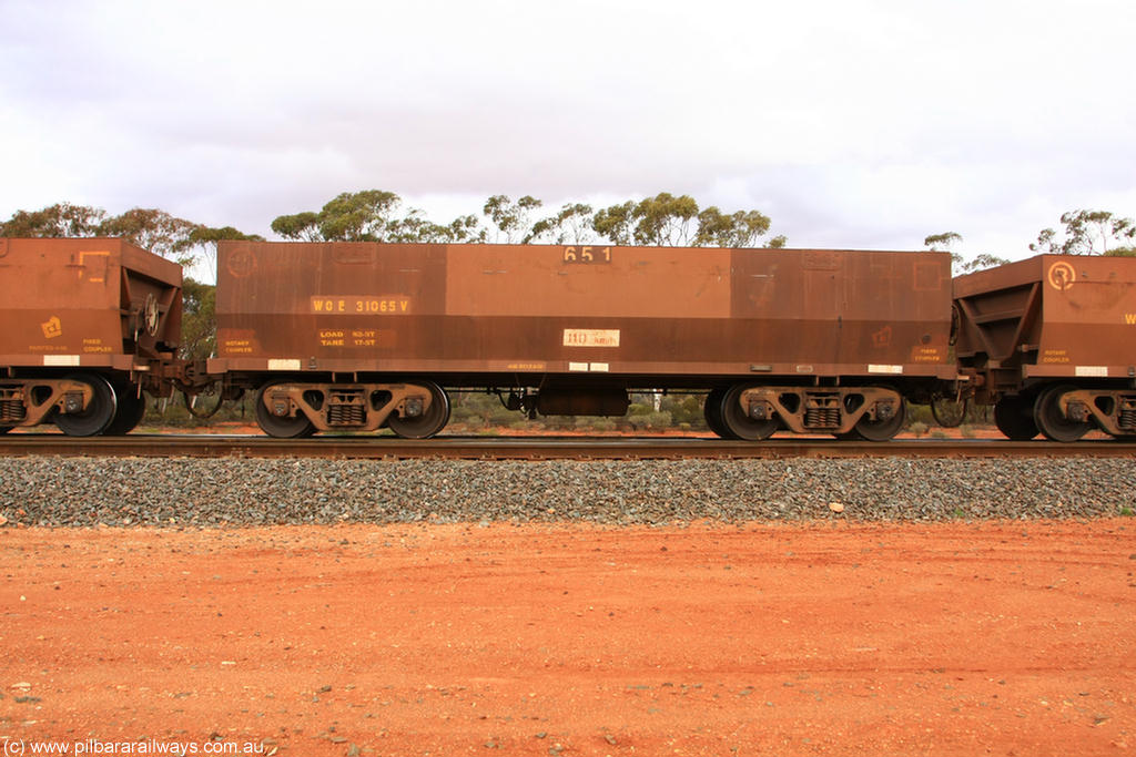 100822 6014
WOE type iron ore waggon WOE 31065 is one of a batch of one hundred and thirty built by Goninan WA between March and August 2001 with serial number 950092-055 and fleet number 651 for Koolyanobbing iron ore operations, Binduli Triangle 22nd August 2010.
Keywords: WOE-type;WOE31065;Goninan-WA;950092-055;