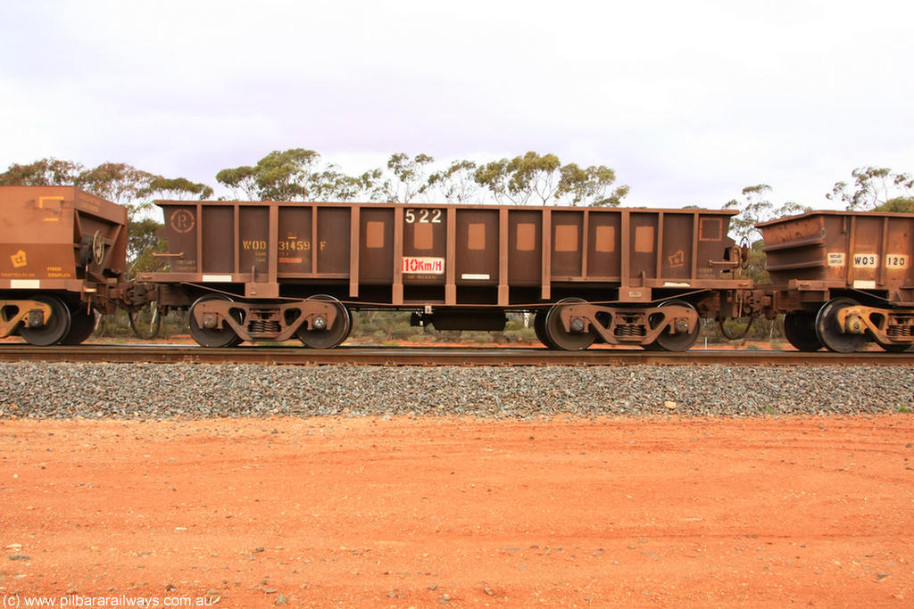 100822 6017
WOD type iron ore waggon WOD 31459 is one of a batch of sixty two built by Goninan WA between April and August 2000 with serial number 950086-031 and fleet number 522 for Koolyanobbing iron ore operations with a 75 ton capacity build date 06/2000 for Portman Mining, with PORTMAN painted out, Binduli Triangle 22nd August 2010.
Keywords: WOD-type;WOD31459;Goninan-WA;950086-031;