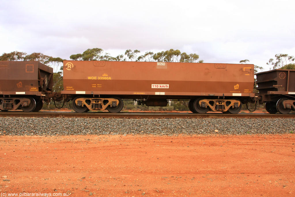 100822 6018
WOE type iron ore waggon WOE 33560 is one of a batch of one hundred and twenty eight built by United Group Rail WA between August 2008 and March 2009 with serial number 950211-100 and fleet number 9050 for Koolyanobbing iron ore operations, Binduli Triangle 22nd August 2010.
Keywords: WOE-type;WOE33560;United-Group-Rail-WA;950211-100;