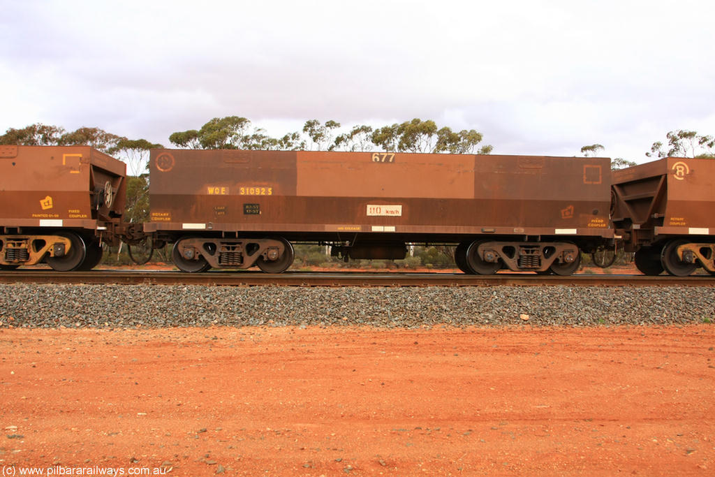 100822 6019
WOE type iron ore waggon WOE 31092 is one of a batch of one hundred and thirty built by Goninan WA between March and August 2001 with serial number 950092-082 and fleet number 677 for Koolyanobbing iron ore operations, Binduli Triangle 22nd August 2010.
Keywords: WOE-type;WOE31092;Goninan-WA;950092-082;