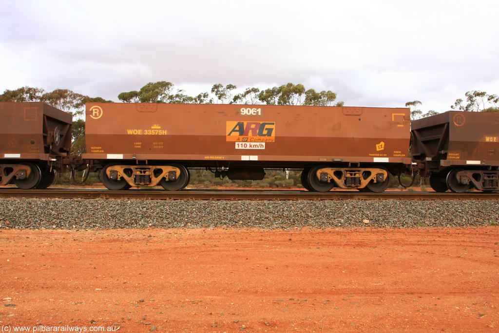 100822 6020
WOE type iron ore waggon WOE 33575 is one of a batch of one hundred and twenty eight built by United Group Rail WA between August 2008 and March 2009 with serial number 950211-115 and fleet number 9061 for Koolyanobbing iron ore operations, Binduli Triangle 22nd August 2010.
Keywords: WOE-type;WOE33575;United-Group-Rail-WA;950211-115;