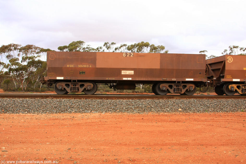 100822 6021
WOE type iron ore waggon WOE 30280 is one of a batch of one hundred and thirty built by Goninan WA between March and August 2001 with serial number 950092-030 and fleet number 622 for Koolyanobbing iron ore operations, Binduli Triangle 22nd August 2010.
Keywords: WOE-type;WOE30280;Goninan-WA;950092-030;