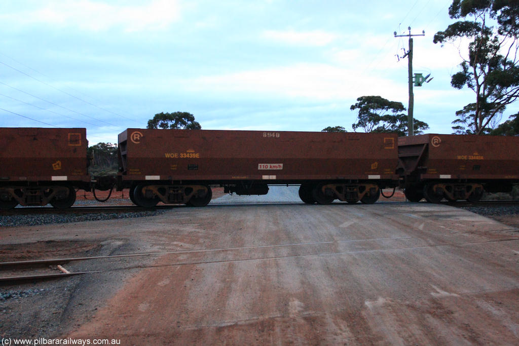 100822 6209
WOE type iron ore waggon WOE 33439 is one of a batch of seventeen built by United Group Rail WA between July and August 2008 with serial number 950209-003 and fleet number 8940 for Koolyanobbing iron ore operations, on empty train 1416 at Hampton, 22nd August 2010.
Keywords: WOE-type;WOE33439;United-Group-Rail-WA;950209-003;