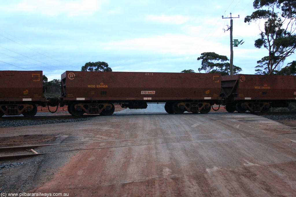 100822 6210
WOE type iron ore waggon WOE 33440 is one of a batch of seventeen built by United Group Rail WA between July and August 2008 with serial number 950209-004 and fleet number 8938 for Koolyanobbing iron ore operations, on empty train 1416 at Hampton, 22nd August 2010.
Keywords: WOE-type;WOE33440;United-Group-Rail-WA;950209-004;