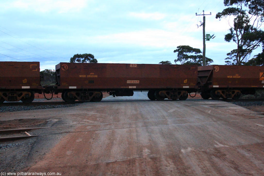 100822 6211
WOE type iron ore waggon WOE 33333 is one of a batch of one hundred and forty one built by United Goninan WA between November 2005 and April 2006 with serial number 950142-038 and fleet number 832 for Koolyanobbing iron ore operations, on empty train 1416 at Hampton, 22nd August 2010.
Keywords: WOE-type;WOE33333;United-Goninan-WA;950142-038;
