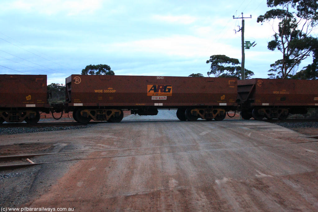 100822 6212
WOE type iron ore waggon WOE 33550 is one of a batch of one hundred and twenty eight built by United Group Rail WA between August 2008 and March 2009 with serial number 950211-090 and fleet number 9040 for Koolyanobbing iron ore operations, on empty train 1416 at Hampton, 22nd August 2010.
Keywords: WOE-type;WOE33550;United-Group-Rail-WA;950211-090;