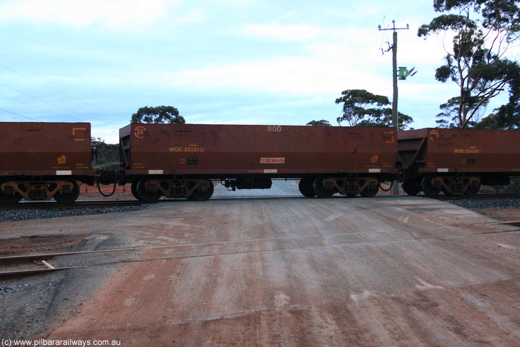 100822 6213
WOE type iron ore waggon WOE 33301 is one of a batch of one hundred and forty one built by United Goninan WA between November 2005 and April 2006 with serial number 950142-006 and fleet number 800 for Koolyanobbing iron ore operations, on empty train 1416 at Hampton, 22nd August 2010.
Keywords: WOE-type;WOE33301;United-Goninan-WA;950142-006;