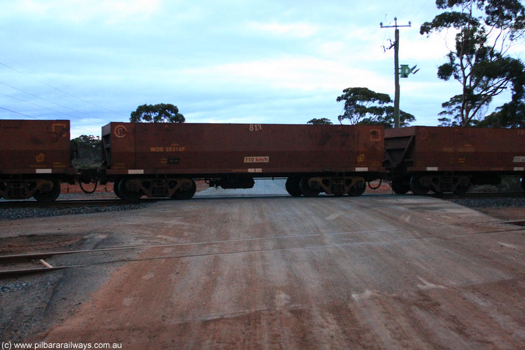 100822 6215
WOE type iron ore waggon WOE 33314 is one of a batch of one hundred and forty one built by United Goninan WA between November 2005 and April 2006 with serial number 950142-019 and fleet number 813 for Koolyanobbing iron ore operations, on empty train 1416 at Hampton, 22nd August 2010.
Keywords: WOE-type;WOE33314;United-Goninan-WA;950142-019;