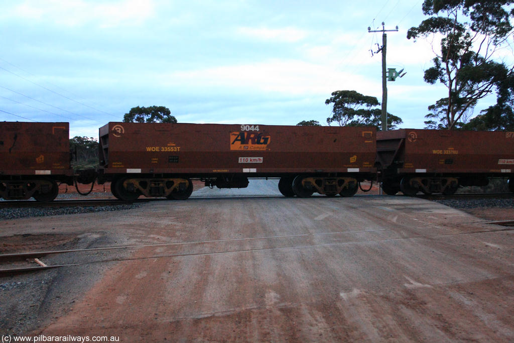 100822 6219
WOE type iron ore waggon WOE 33553 is one of a batch of one hundred and twenty eight built by United Group Rail WA between August 2008 and March 2009 with serial number 950211-093 and fleet number 9044 for Koolyanobbing iron ore operations, on empty train 1416 at Hampton, 22nd August 2010.
Keywords: WOE-type;WOE33553;United-Group-Rail-WA;950211-093;