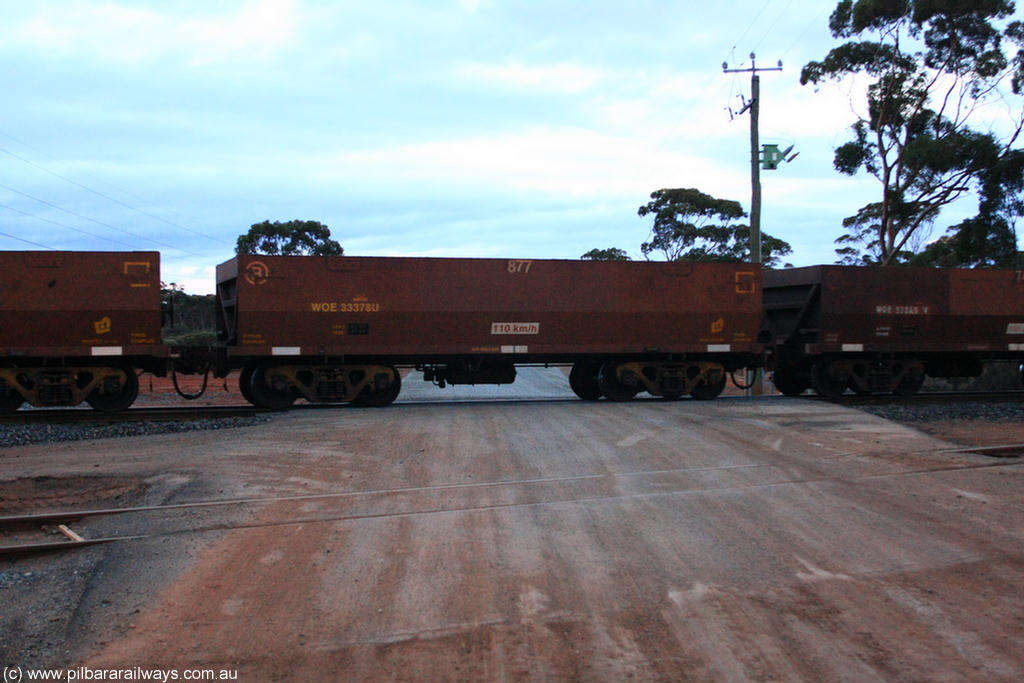 100822 6220
WOE type iron ore waggon WOE 33378 is one of a batch of one hundred and forty one built by United Goninan WA between November 2005 and April 2006 with serial number 950142-083 and fleet number 877 for Koolyanobbing iron ore operations, on empty train 1416 at Hampton, 22nd August 2010.
Keywords: WOE-type;WOE33378;United-Goninan-WA;950142-083;