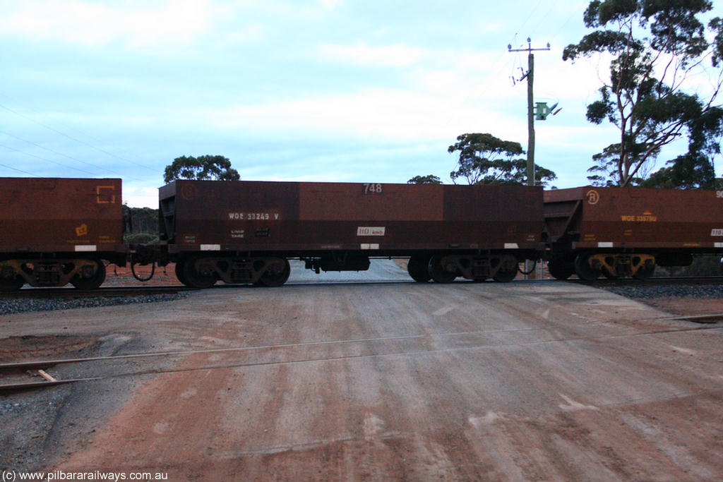 100822 6221
WOE type iron ore waggon WOE 33249 is one of a batch of twenty seven built by Goninan WA between September and October 2002 with serial number 950103-016 and fleet number 748 for Koolyanobbing iron ore operations, on empty train 1416 at Hampton, 22nd August 2010.
Keywords: WOE-type;WOE33249;Goninan-WA;950103-016;