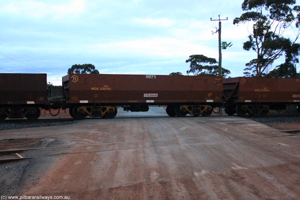 100822 6222
WOE type iron ore waggon WOE 33579 is one of a batch of one hundred and twenty eight built by United Group Rail WA between August 2008 and March 2009 with serial number 950211-104 and fleet number 9071 for Koolyanobbing iron ore operations, on empty train 1416 at Hampton, 22nd August 2010.
Keywords: WOE-type;WOE33579;United-Group-Rail-WA;950211-104;
