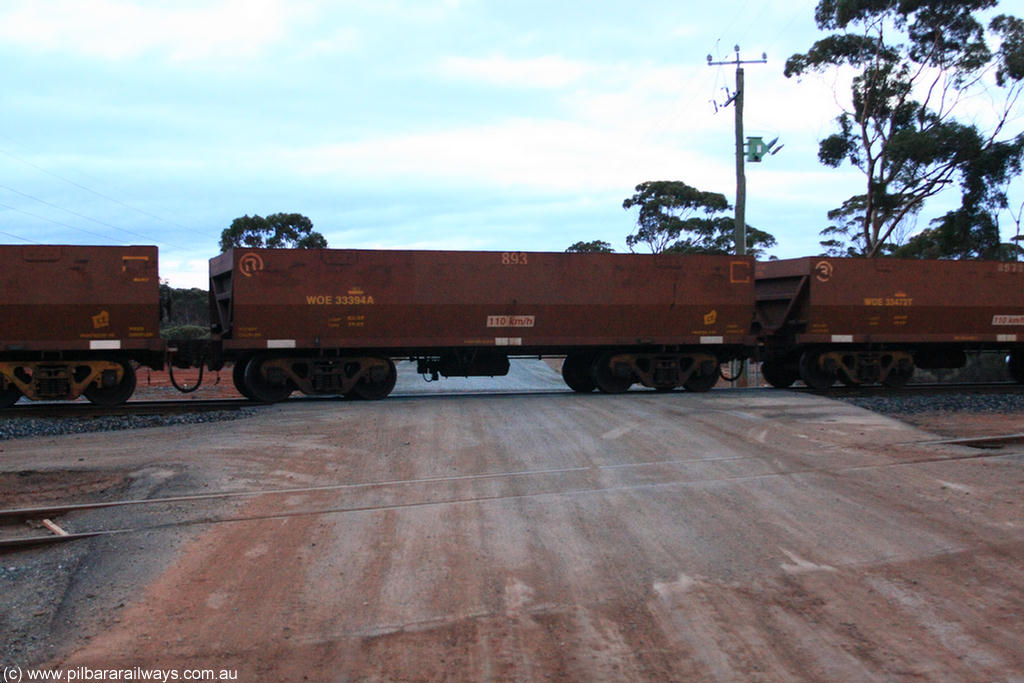 100822 6223
WOE type iron ore waggon WOE 33394 is one of a batch of one hundred and forty one built by United Group Rail WA between November 2005 and April 2006 with serial number 950142-099 and fleet number 893 for Koolyanobbing iron ore operations, on empty train 1416 at Hampton, 22nd August 2010.
Keywords: WOE-type;WOE33394;United-Group-Rail-WA;950142-099;