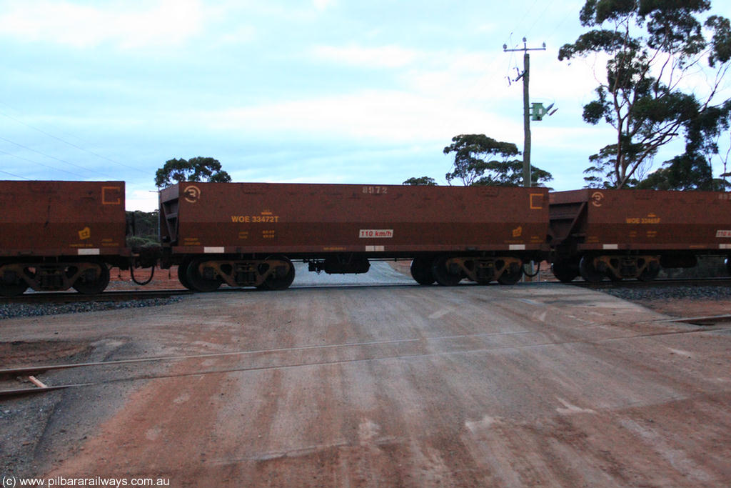 100822 6224
WOE type iron ore waggon WOE 33472 is one of a batch of one hundred and twenty eight built by United Group Rail WA between August 2008 and March 2009 with serial number 950211-014 and fleet number 8972 for Koolyanobbing iron ore operations, on empty train 1416 at Hampton, 22nd August 2010.
Keywords: WOE-type;WOE33472;United-Group-Rail-WA;950211-014;