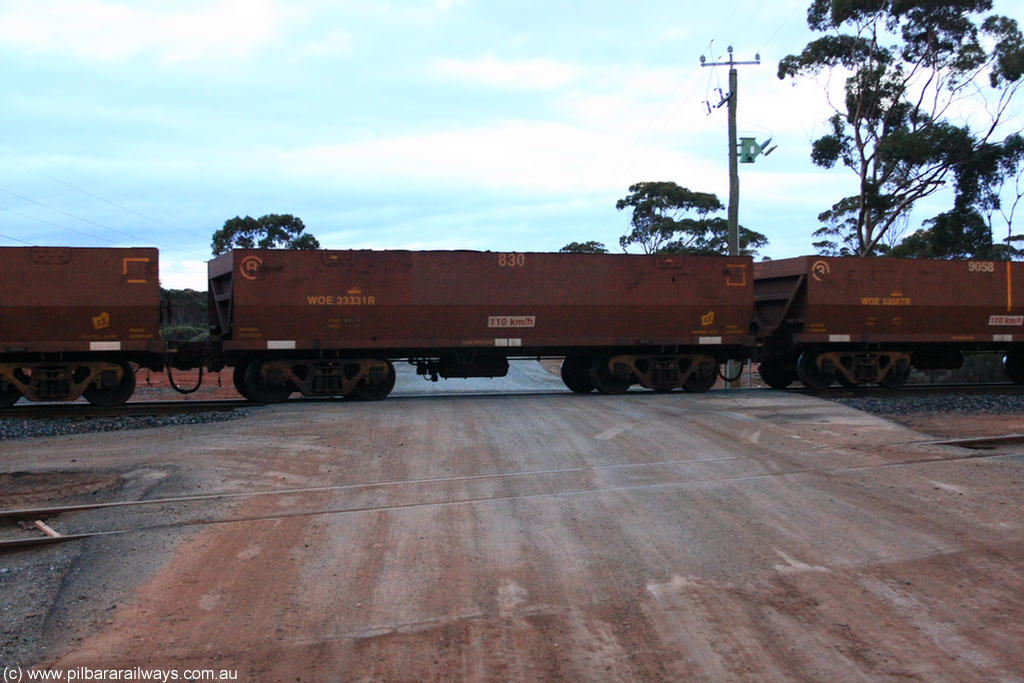 100822 6226
WOE type iron ore waggon WOE 33331 is one of a batch of one hundred and forty one built by United Goninan WA between November 2005 and April 2006 with serial number 950142-036 and fleet number 830 for Koolyanobbing iron ore operations, on empty train 1416 at Hampton, 22nd August 2010.
Keywords: WOE-type;WOE33331;United-Goninan-WA;950142-036;