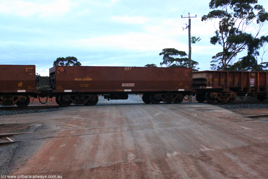 100822 6228
WOE type iron ore waggon WOE 33388 is one of a batch of one hundred and forty one built by United Group Rail WA between November 2005 and April 2006 with serial number 950142-093 and fleet number 887 for Koolyanobbing iron ore operations, on empty train 1416 at Hampton, 22nd August 2010.
Keywords: WOE-type;WOE33388;United-Group-Rail-WA;950142-093;