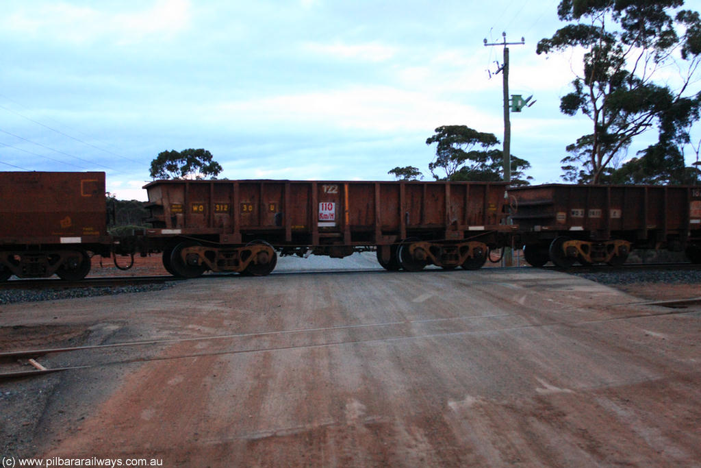 100822 6229
WO type iron ore waggon WO 31230 is one of a batch of sixty two built by Goninan WA between April and August 2000 with serial number 950086-004 and fleet number 122 for Koolyanobbing iron ore operations, and is a Goninan built replacement WO type waggon that replaces the original WAGR built WO type waggon with the newer style WOD type and has square features opposed to the curved ones as on the original WO class, on empty train 1416 at Hampton, 22nd August 2010.
Keywords: WO-type;WO31230;Goninan-WA;950086-004;