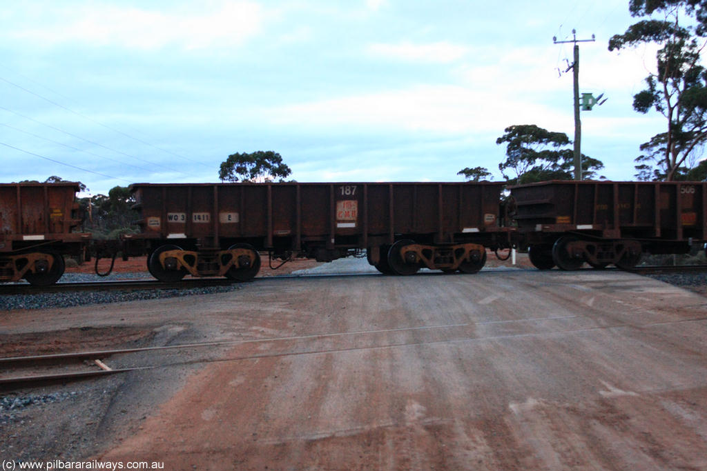 100822 6230
WO type iron ore waggon WO 31411 is one of a batch of eleven replacement waggons built by WAGR Midland Workshops between 1970 and 1971 with fleet number 187 for Koolyanobbing iron ore operations, with a 75 ton and 1018 ft³ capacity, on empty train 1416 at Hampton, 22nd August 2010. This unit was converted to WOC for coal in 1986 till 1994 when it was re-classed back to WO.
Keywords: WO-type;WO31411;WAGR-Midland-WS;