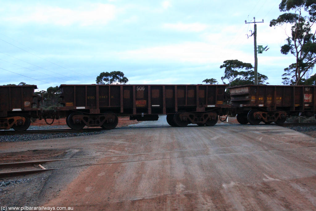 100822 6231
WOD type iron ore waggon WOD 31443 is one of a batch of sixty two built by Goninan WA between April and August 2000 with serial number 950086-016 and fleet number 506 for Koolyanobbing iron ore operations, build date 05/2000, with a 75 ton capacity, for Portman Mining to cart their Koolyanobbing iron ore to Esperance, now with PORTMAN painted out, on empty train 1416 at Hampton, 22nd August 2010.
Keywords: WOD-type;WOD31443;Goninan-WA;950086-016;