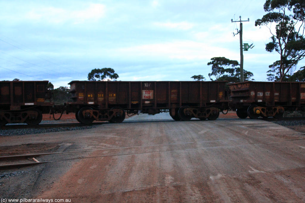 100822 6232
WO type iron ore waggon WO 31211 is one of a batch of eighty six built by WAGR Midland Workshops between 1967 and March 1968 with fleet number 107 for Koolyanobbing iron ore operations, with a 75 ton and 1018 ft³ capacity, on empty train 1416 at Hampton, 22nd August 2010. This unit was converted to WOC for coal in 1986 till 1994 when it was re-classed back to WO.
Keywords: WO-type;WO31211;WAGR-Midland-WS;