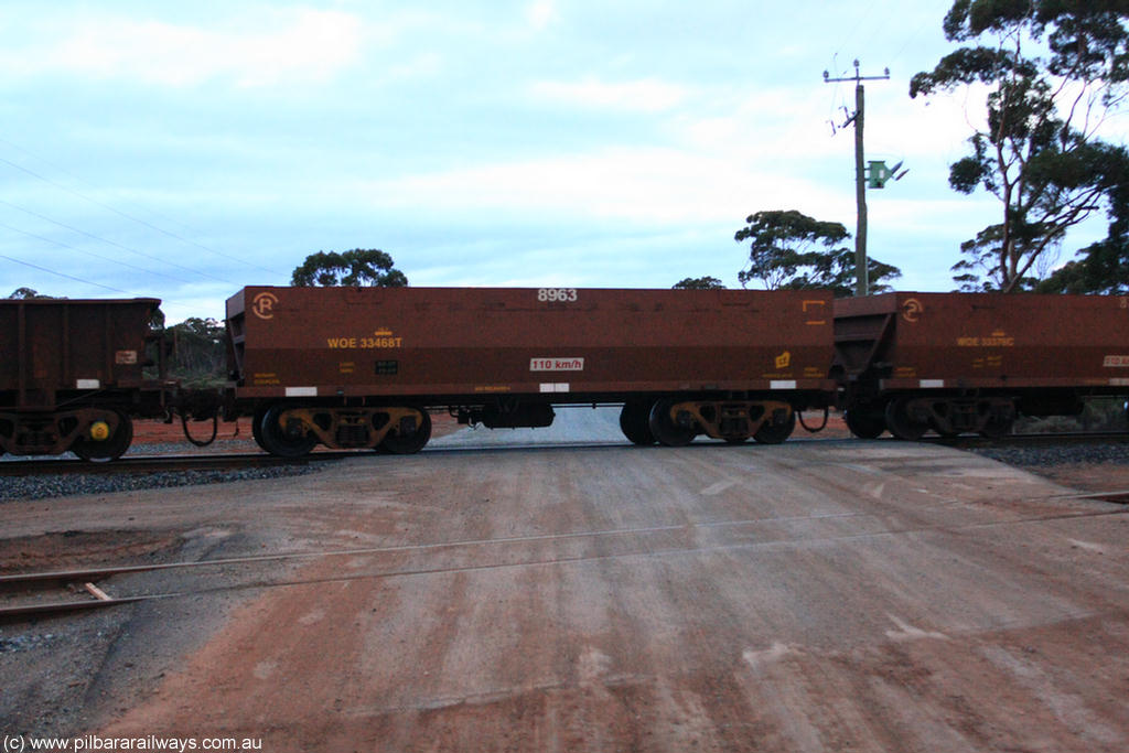100822 6234
WOE type iron ore waggon WOE 33468 is one of a batch of one hundred and twenty eight built by United Group Rail WA between August 2008 and March 2009 with serial number 950211-010 and fleet number 8963 for Koolyanobbing iron ore operations, on empty train 1416 at Hampton, 22nd August 2010.
Keywords: WOE-type;WOE33468;United-Group-Rail-WA;950211-010;