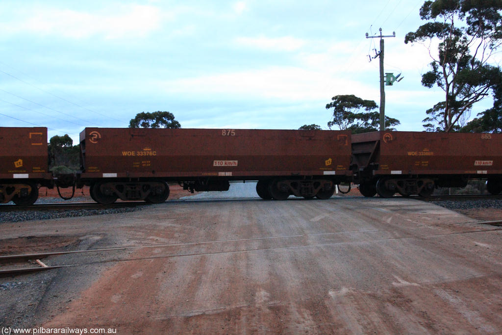 100822 6235
WOE type iron ore waggon WOE 33376 is one of a batch of one hundred and forty one built by United Goninan WA between November 2005 and April 2006 with serial number 950142-081 and fleet number 875 for Koolyanobbing iron ore operations, on empty train 1416 at Hampton, 22nd August 2010.
Keywords: WOE-type;WOE33376;United-Goninan-WA;950142-081;