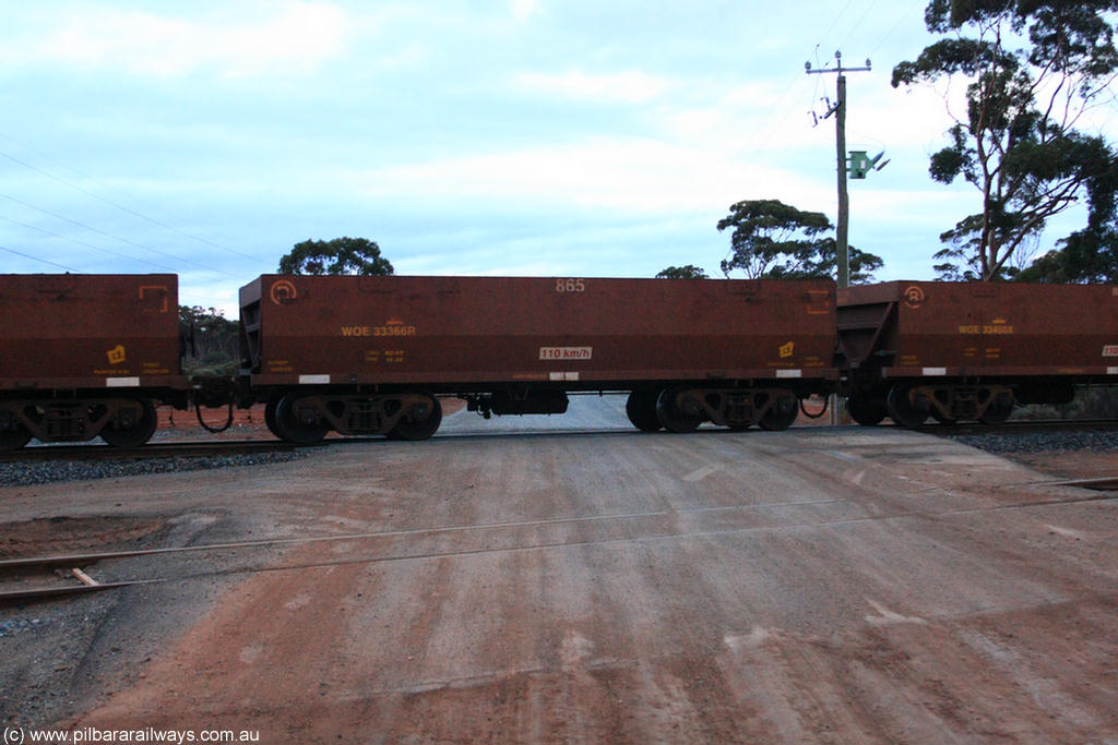 100822 6236
WOE type iron ore waggon WOE 33366 is one of a batch of one hundred and forty one built by United Goninan WA between November 2005 and April 2006 with serial number 950142-071 and fleet number 865 for Koolyanobbing iron ore operations, on empty train 1416 at Hampton, 22nd August 2010.
Keywords: WOE-type;WOE33366;United-Goninan-WA;950142-071;