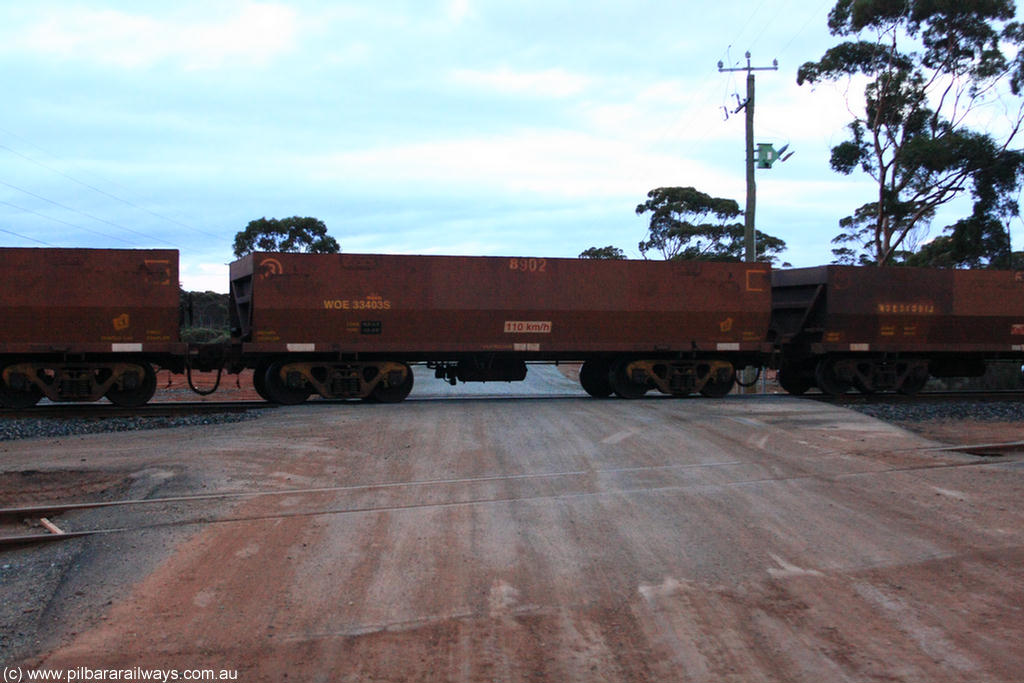 100822 6241
WOE type iron ore waggon WOE 33403 is one of a batch of one hundred and forty one built by United Group Rail WA between November 2005 and April 2006 with serial number 950142-108 and fleet number 8902 for Koolyanobbing iron ore operations, on empty train 1416 at Hampton, 22nd August 2010.
Keywords: WOE-type;WOE33403;United-Group-Rail-WA;950142-108;