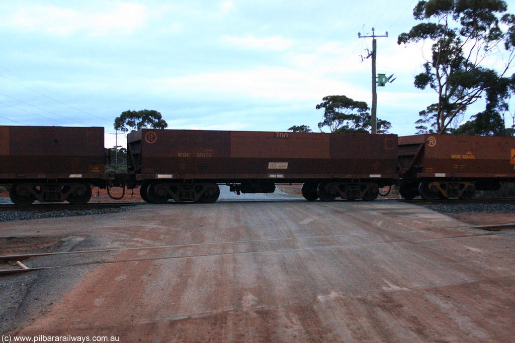 100822 6243
WOE type iron ore waggon WOE 31117 is one of a batch of one hundred and thirty built by Goninan WA between March and August 2001 with serial number 950092-107 and fleet number 700 for Koolyanobbing iron ore operations, on empty train 1416 at Hampton, 22nd August 2010.
Keywords: WOE-type;WOE31117;Goninan-WA;950092-107;