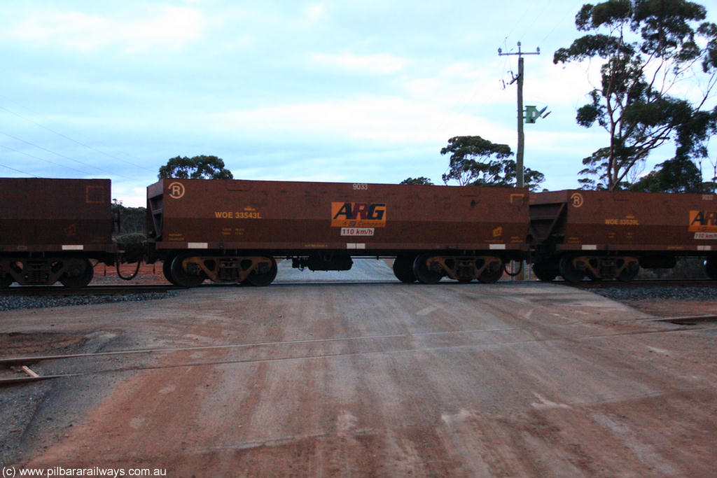 100822 6244
WOE type iron ore waggon WOE 33543 is one of a batch of one hundred and twenty eight built by United Group Rail WA between August 2008 and March 2009 with serial number 950211-083 and fleet number 9033 for Koolyanobbing iron ore operations, on empty train 1416 at Hampton, 22nd August 2010.
Keywords: WOE-type;WOE33543;United-Group-Rail-WA;950211-083;