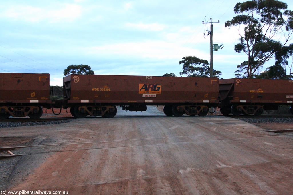 100822 6245
WOE type iron ore waggon WOE 33539 is one of a batch of one hundred and twenty eight built by United Group Rail WA between August 2008 and March 2009 with serial number 950211-079 and fleet number 9032 for Koolyanobbing iron ore operations, on empty train 1416 at Hampton, 22nd August 2010.
Keywords: WOE-type;WOE33539;United-Group-Rail-WA;950211-079;