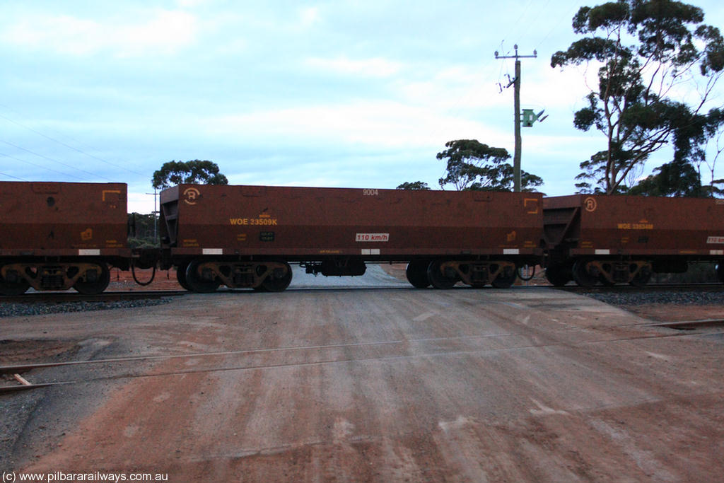100822 6246
WOE type iron ore waggon WOE 33509 is one of a batch of one hundred and twenty eight built by United Group Rail WA between August 2008 and March 2009 with serial number 950211-049 and fleet number 9004 for Koolyanobbing iron ore operations, on empty train 1416 at Hampton, 22nd August 2010.
Keywords: WOE-type;WOE33509;United-Group-Rail-WA;950211-049;