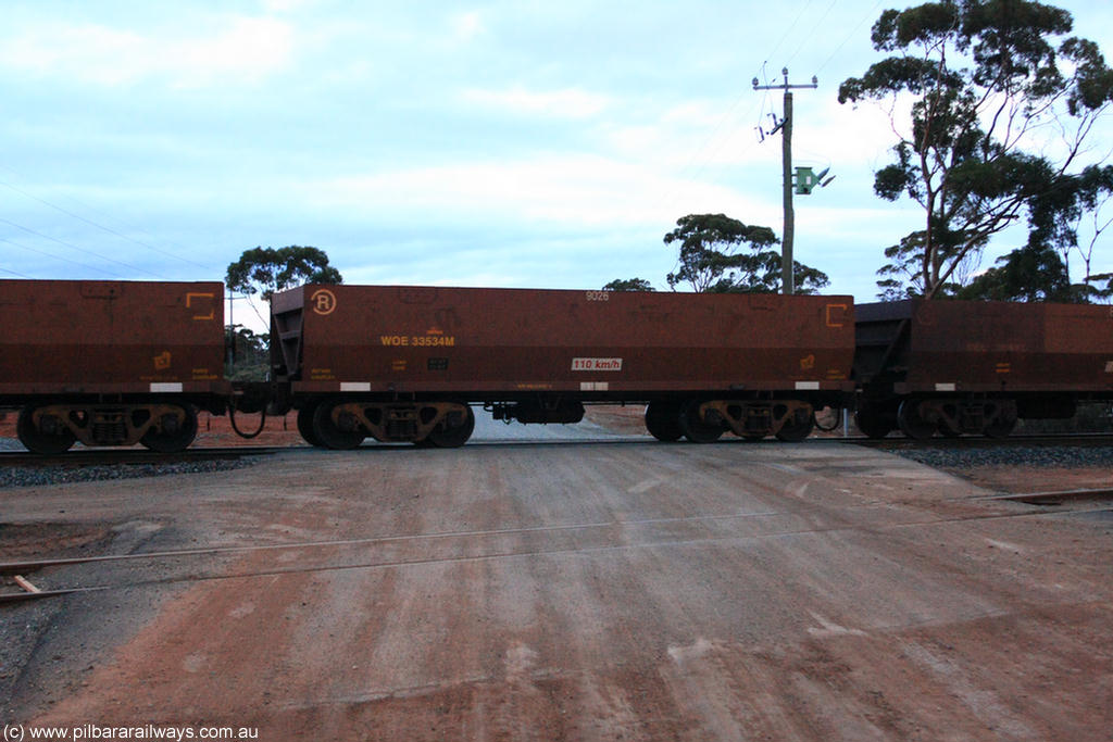 100822 6247
WOE type iron ore waggon WOE 33534 is one of a batch of one hundred and twenty eight built by United Group Rail WA between August 2008 and March 2009 with serial number 950211-074 and fleet number 9026 for Koolyanobbing iron ore operations, on empty train 1416 at Hampton, 22nd August 2010.
Keywords: WOE-type;WOE33534;United-Group-Rail-WA;950211-074;