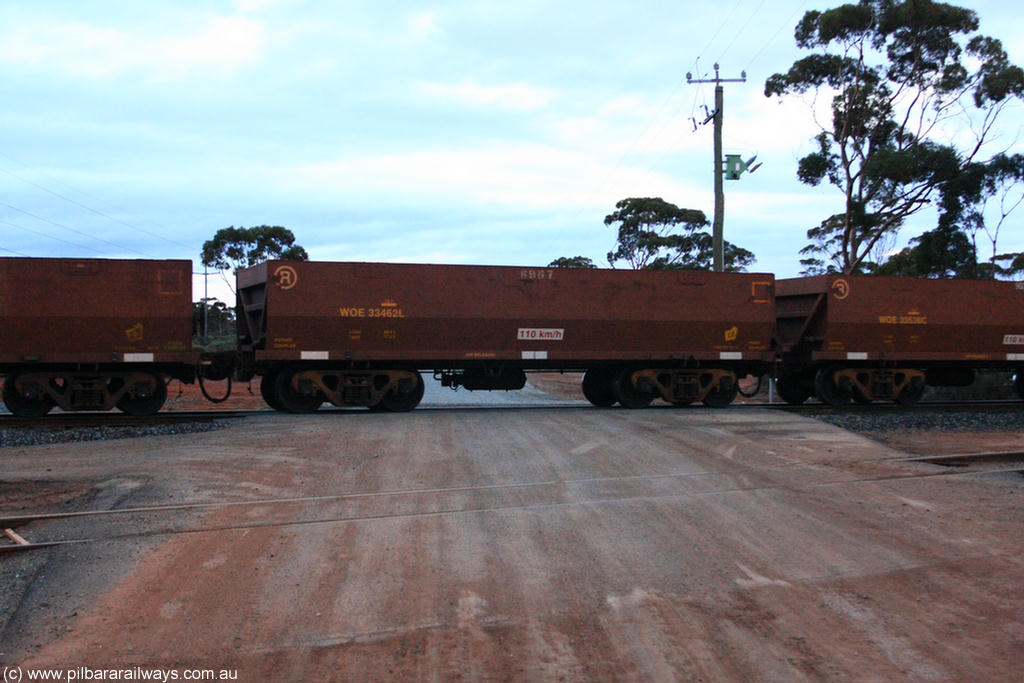 100822 6250
WOE type iron ore waggon WOE 33462 is one of a batch of one hundred and twenty eight built by United Group Rail WA between August 2008 and March 2009 with serial number 950211-004 and fleet number 8967 for Koolyanobbing iron ore operations, on empty train 1416 at Hampton, 22nd August 2010.
Keywords: WOE-type;WOE33462;United-Group-Rail-WA;950211-004;