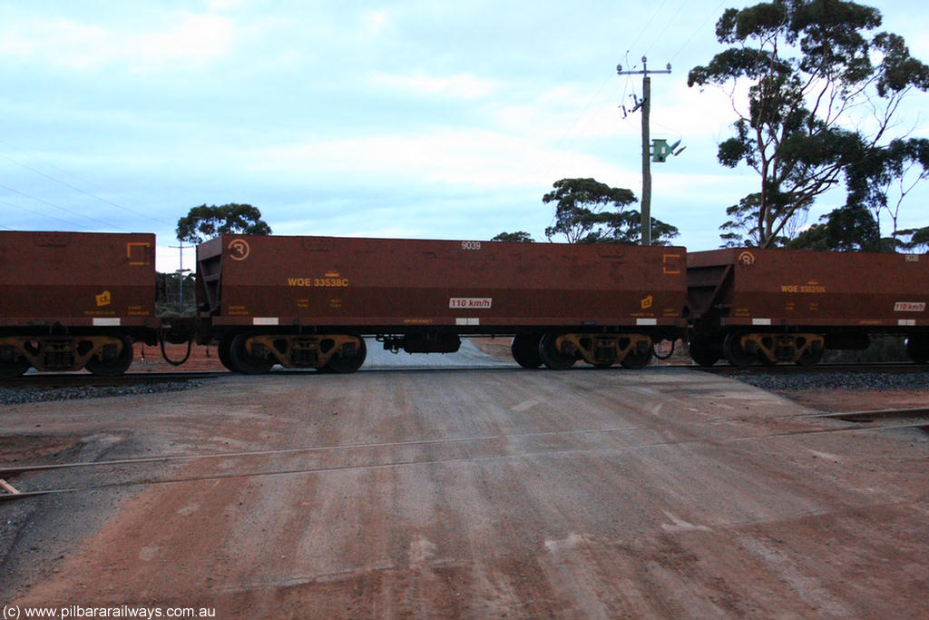 100822 6251
WOE type iron ore waggon WOE 33538 is one of a batch of one hundred and twenty eight built by United Group Rail WA between August 2008 and March 2009 with serial number 950211-078 and fleet number 9039 for Koolyanobbing iron ore operations, on empty train 1416 at Hampton, 22nd August 2010.
Keywords: WOE-type;WOE33538;United-Group-Rail-WA;950211-078;