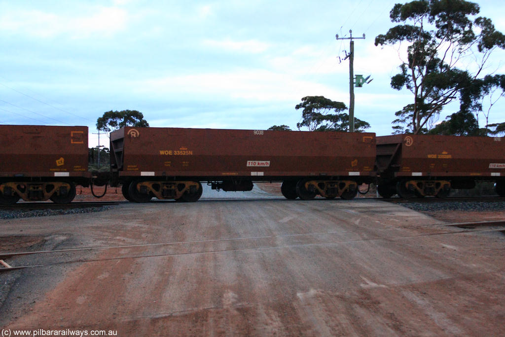100822 6252
WOE type iron ore waggon WOE 33525 is one of a batch of one hundred and twenty eight built by United Group Rail WA between August 2008 and March 2009 with serial number 950211-065 and fleet number 9038 for Koolyanobbing iron ore operations, on empty train 1416 at Hampton, 22nd August 2010.
Keywords: WOE-type;WOE33525;United-Group-Rail-WA;950211-065;