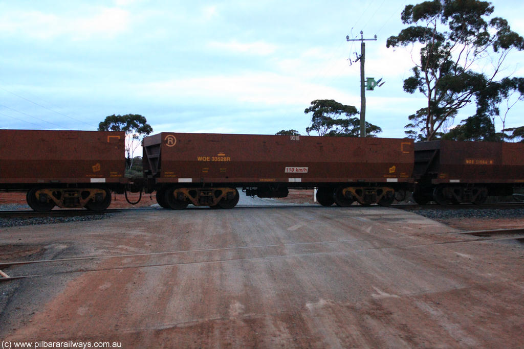 100822 6253
WOE type iron ore waggon WOE 33528 is one of a batch of one hundred and twenty eight built by United Group Rail WA between August 2008 and March 2009 with serial number 950211-068 and fleet number 9018 for Koolyanobbing iron ore operations, on empty train 1416 at Hampton, 22nd August 2010.
Keywords: WOE-type;WOE33528;United-Group-Rail-WA;950211-068;