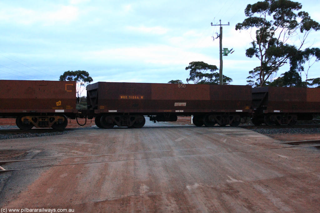 100822 6254
WOE type iron ore waggon WOE 31064 is one of a batch of one hundred and thirty built by Goninan WA between March and August 2001 with serial number 950092-054 and fleet number 650 for Koolyanobbing iron ore operations, on empty train 1416 at Hampton, 22nd August 2010.
Keywords: WOE-type;WOE31064;Goninan-WA;950092-054;