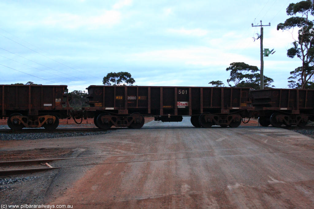 100822 6258
WOD type iron ore waggon WOD 31300 is one of a batch of sixty two built by Goninan WA between April and August 2000 with serial number 950086-011 and fleet number 501 for Koolyanobbing iron ore operations with a 75 ton capacity and a replacement for a WO type waggon number, for Portman Mining to cart their Koolyanobbing iron ore to Esperance, on empty train 1416 at Hampton, 22nd August 2010.
Keywords: WOD-type;WOD31300;Goninan-WA;950086-011;