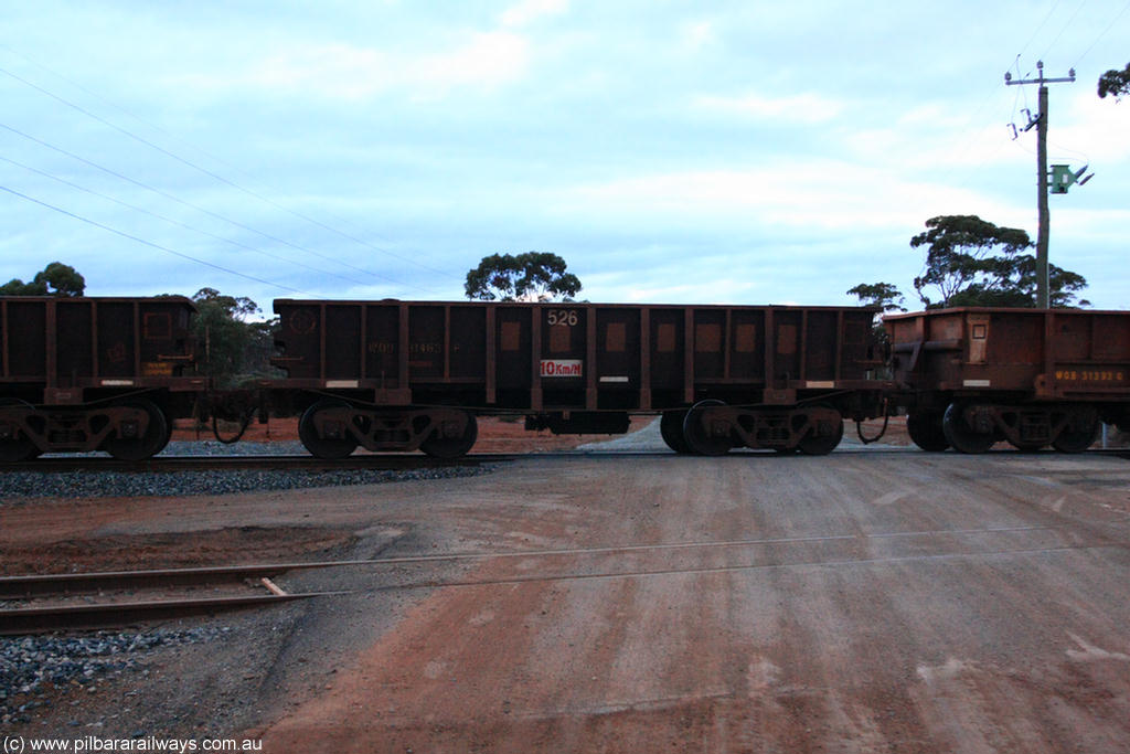 100822 6259
WOD type iron ore waggon WOD 31463 is one of a batch of sixty two built by Goninan WA between April and August 2000 with serial number 950086-035 and fleet number 526 for Koolyanobbing iron ore operations with a 75 ton capacity for Portman Mining to cart their Koolyanobbing iron ore to Esperance, now with PORTMAN painted out, on empty train 1416 at Hampton, 22nd August 2010.
Keywords: WOD-type;WOD31463;Goninan-WA;950086-035;