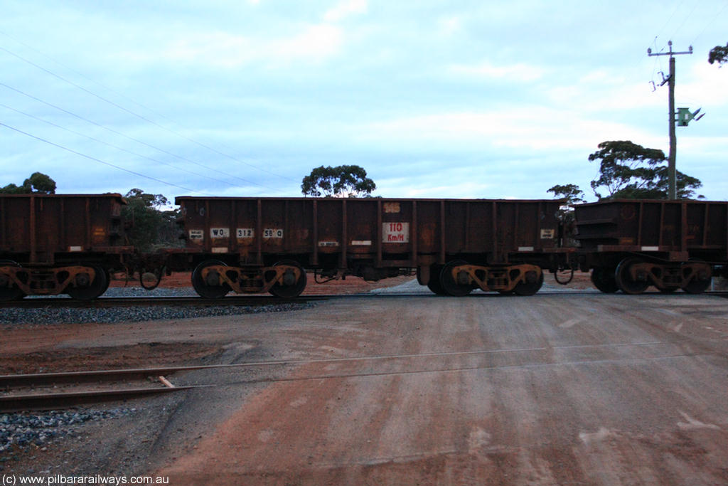 100822 6262
WO type iron ore waggon WO 31258 is one of a batch of eighty six built by WAGR Midland Workshops between 1967 and March 1968 with fleet number 145 for Koolyanobbing iron ore operations, with a 75 ton and 1018 ft³ capacity, on empty train 1416 at Hampton, 22nd August 2010. This unit was converted to WOS superphosphate in the late 1980s till 1994 when it was re-classed back to WO.
Keywords: WO-type;WO31258;WAGR-Midland-WS;WOS-type;