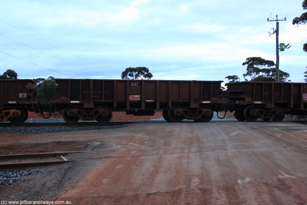 100822 6263
WOD type iron ore waggon WOD 31484 is one of a batch of sixty two built by Goninan WA between April and August 2000 with serial number 950086-056 and fleet number 547 for Koolyanobbing iron ore operations with a 75 ton capacity build date 07/2000, for Portman Mining to cart their Koolyanobbing iron ore to Esperance, now with PORTMAN painted out, on empty train 1416 at Hampton, 22nd August 2010.
Keywords: WOD-type;WOD31484;Goninan-WA;950086-056;